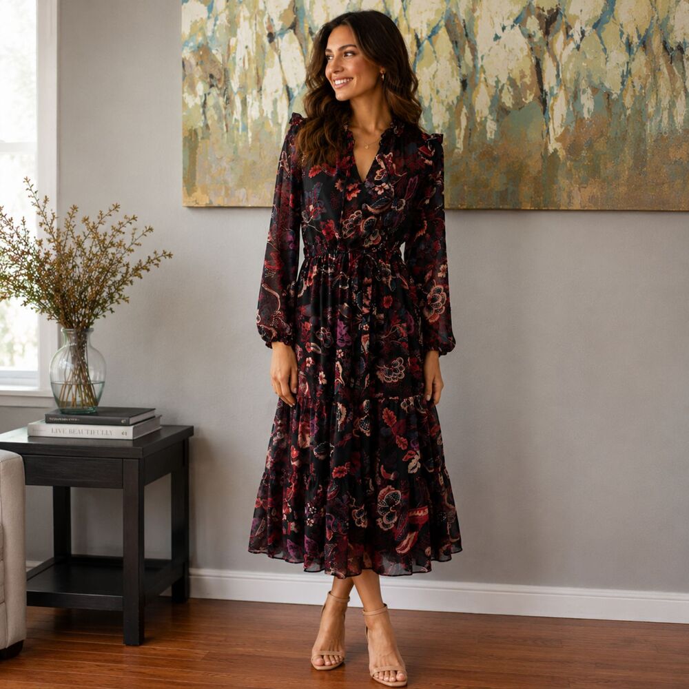 Maia Long Sleeve Floral Chiffon Midi Dress Women's 4
